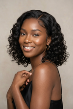 Deep wave short bob wig worn on a model with neutral background